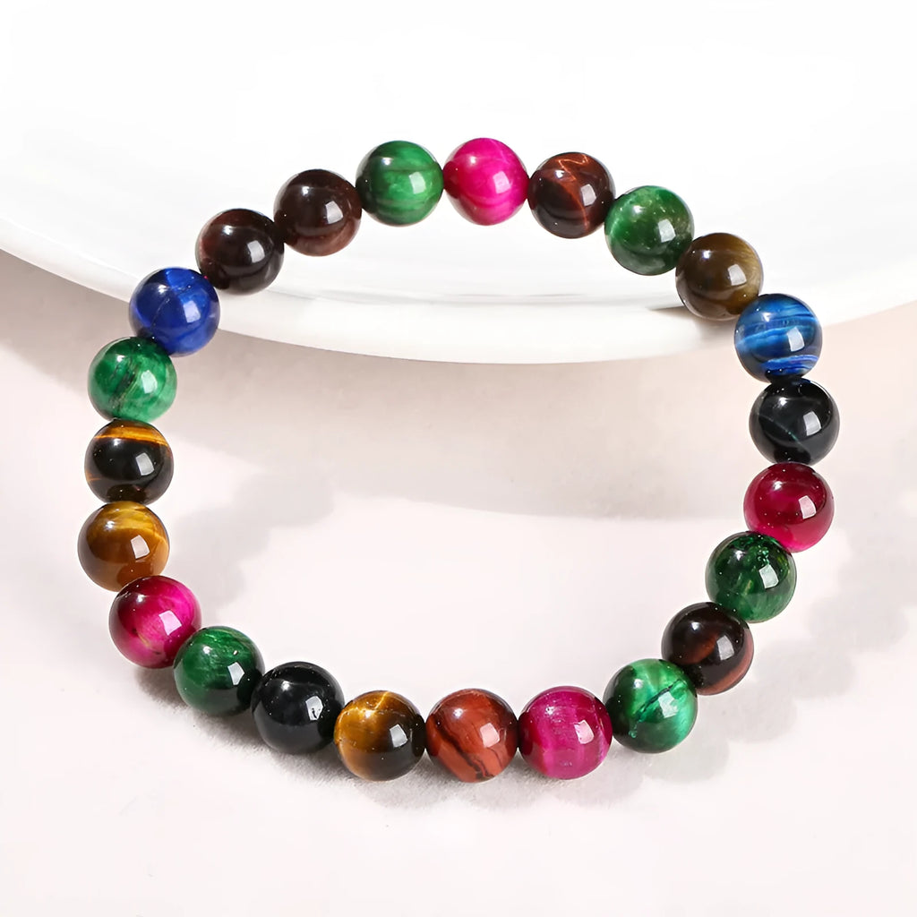 Colourful Tiger Eye bracelet showing mixed 6mm 8mm 10mm 12mm bead sizes on string