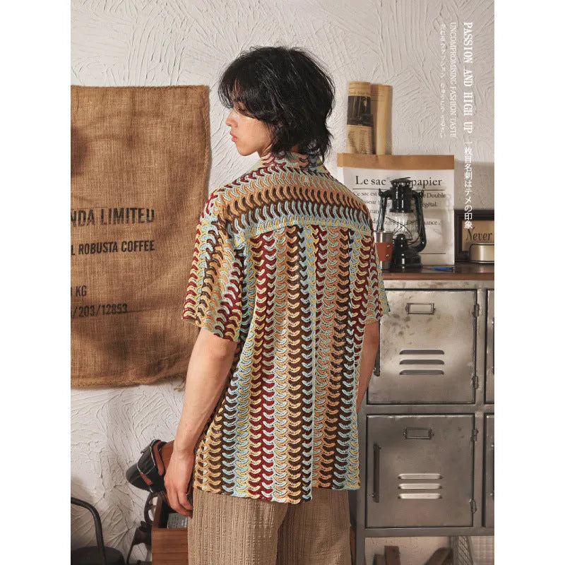 Japanese style Cuban collar fleece-lined short sleeve shirt in grey with jacquard detail.
