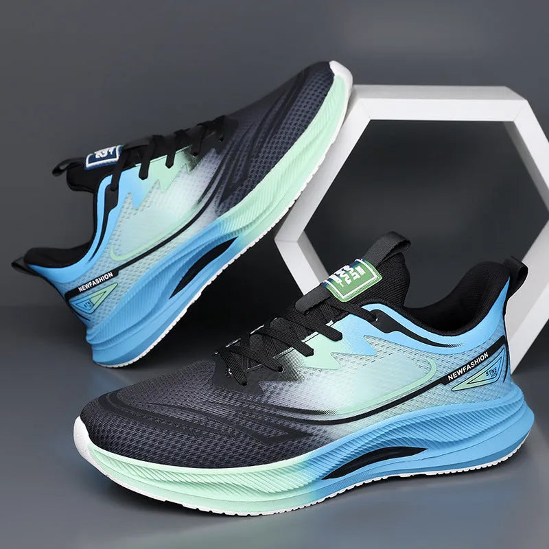 Men's summer casual shoes with fly woven mesh upper and rubber sole in black, black blue, and gray green colours