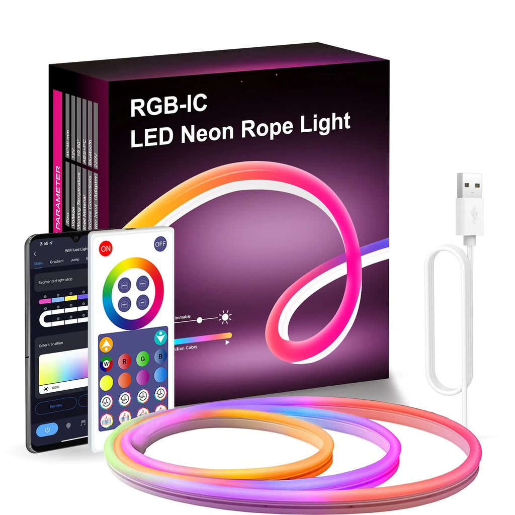 3-metre long flexible RGB LED neon light strip with a remote control on a dark background.