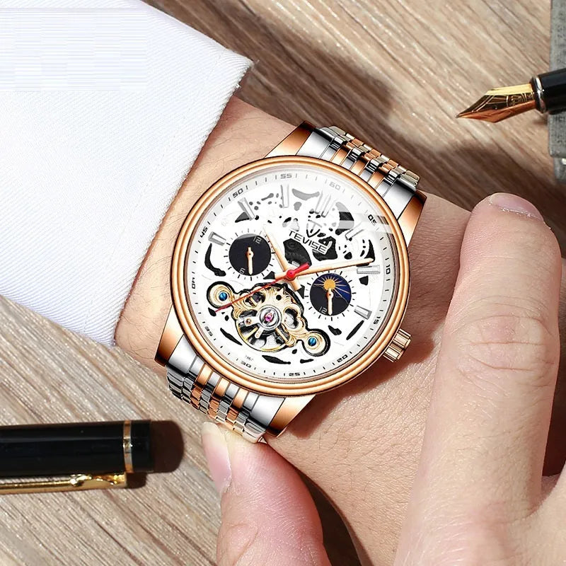 Men's black tourbillon mechanical watch with luminous markers on a leather strap.
