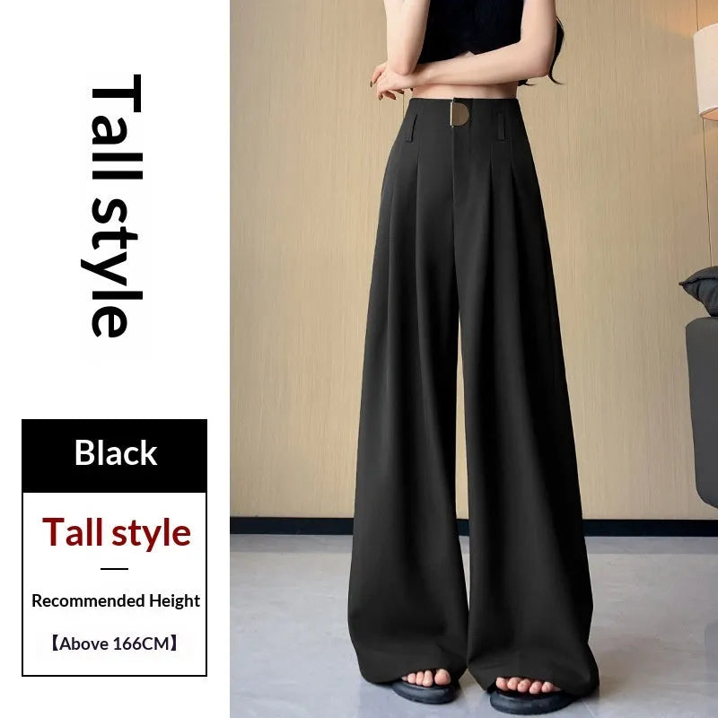 Women's high-waist wide-leg pants in slightly elastic spandex, straight loose fit, black beige burgundy brown, S to 2XL
