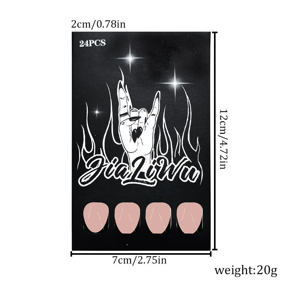 24 French manicure nail art pieces with black tips in short almond shape
