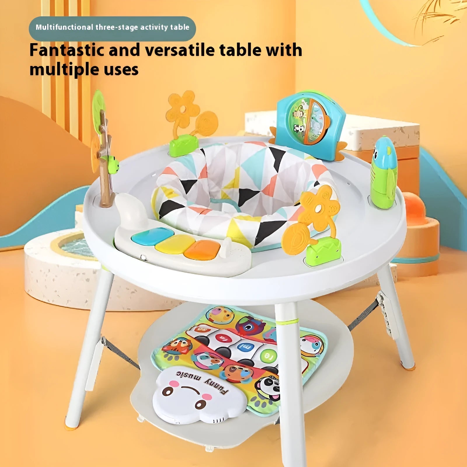 Three-in-one baby jumping chair with plastic rack construction in Yaya duck design with music cushion option