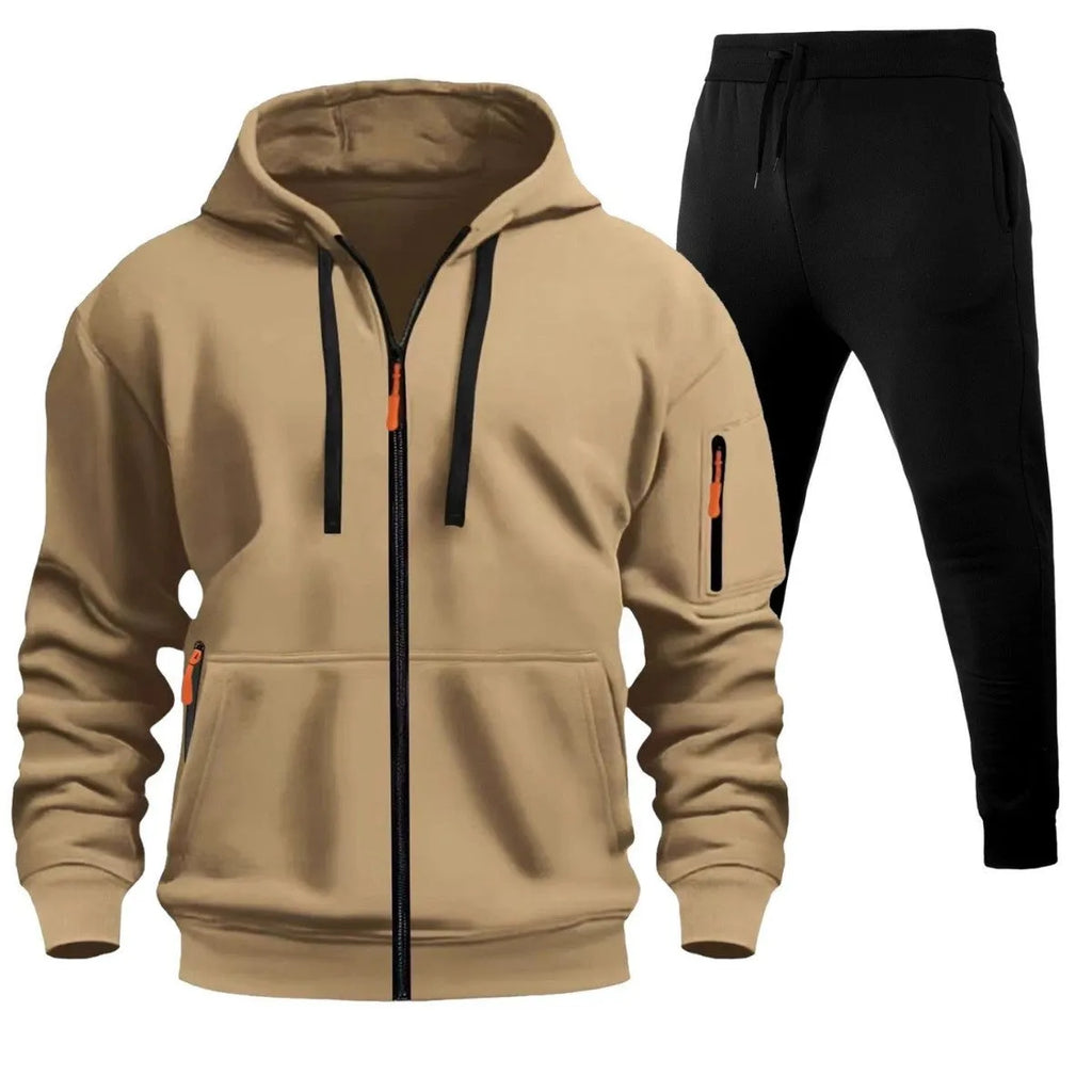 Men's sports hoodie set with zip-up front, multiple pockets, and wool lining in camel colour