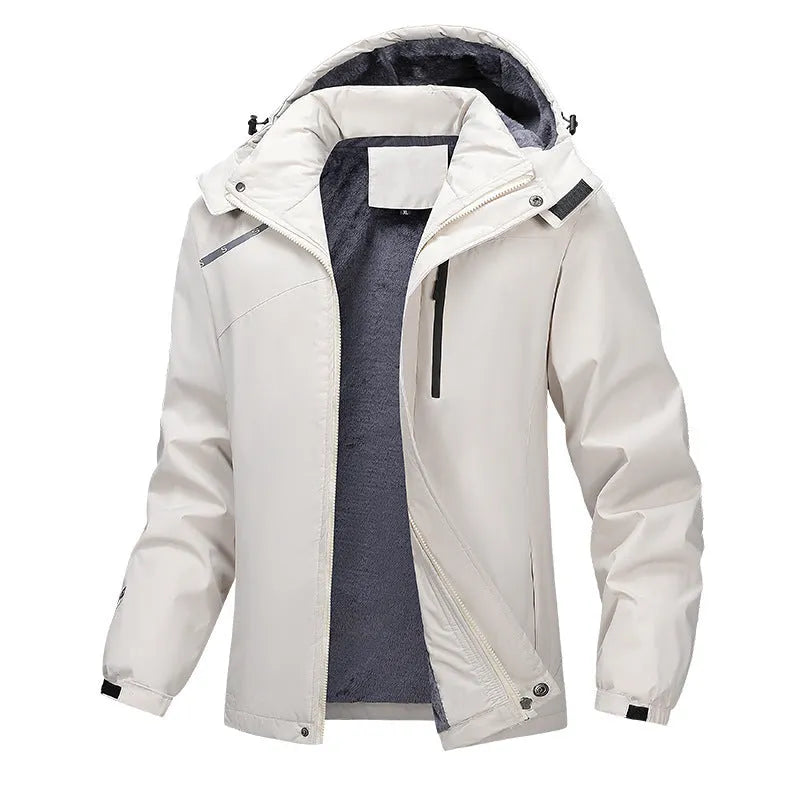 Plus size waterproof hooded coat for men in polyester, showing loose fit and hood design