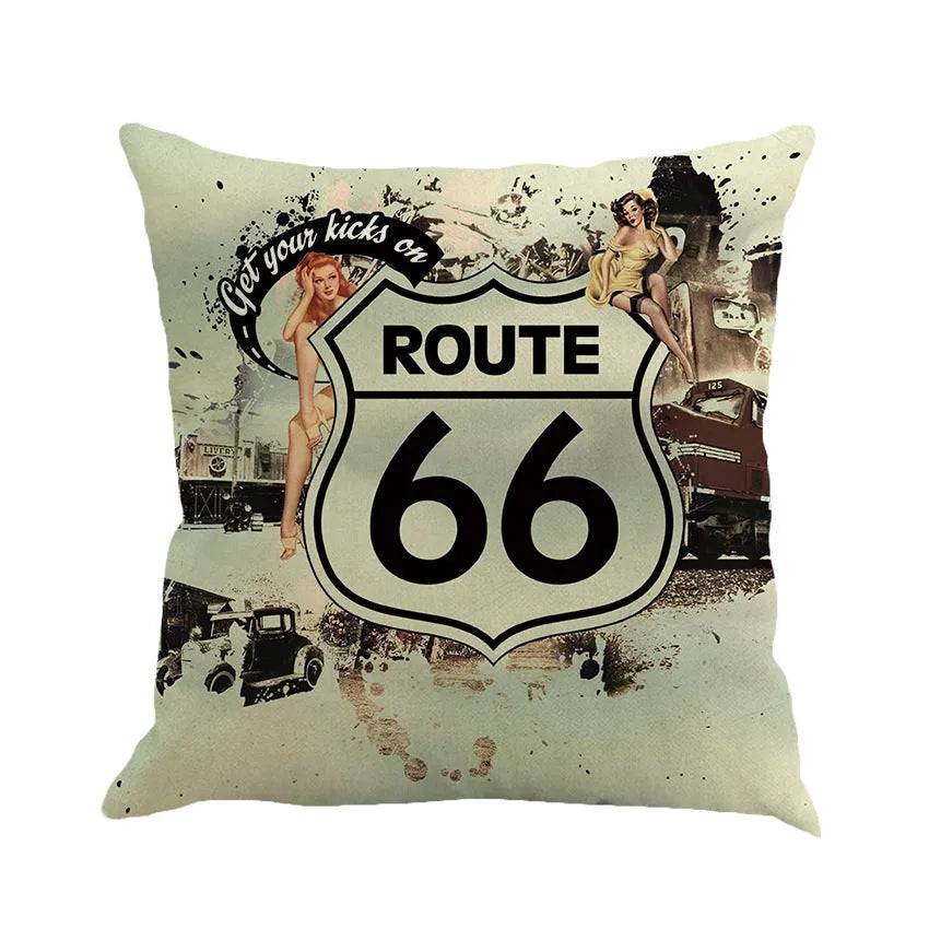Route 66 landscape pattern linen cushion cover 45x45cm in cotton linen blend