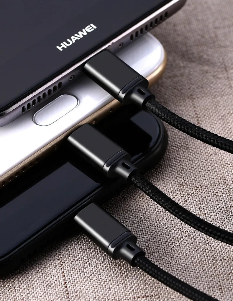 One For Three braided charging cable with USB, Micro USB, and Type-C connectors, 1.15m, black