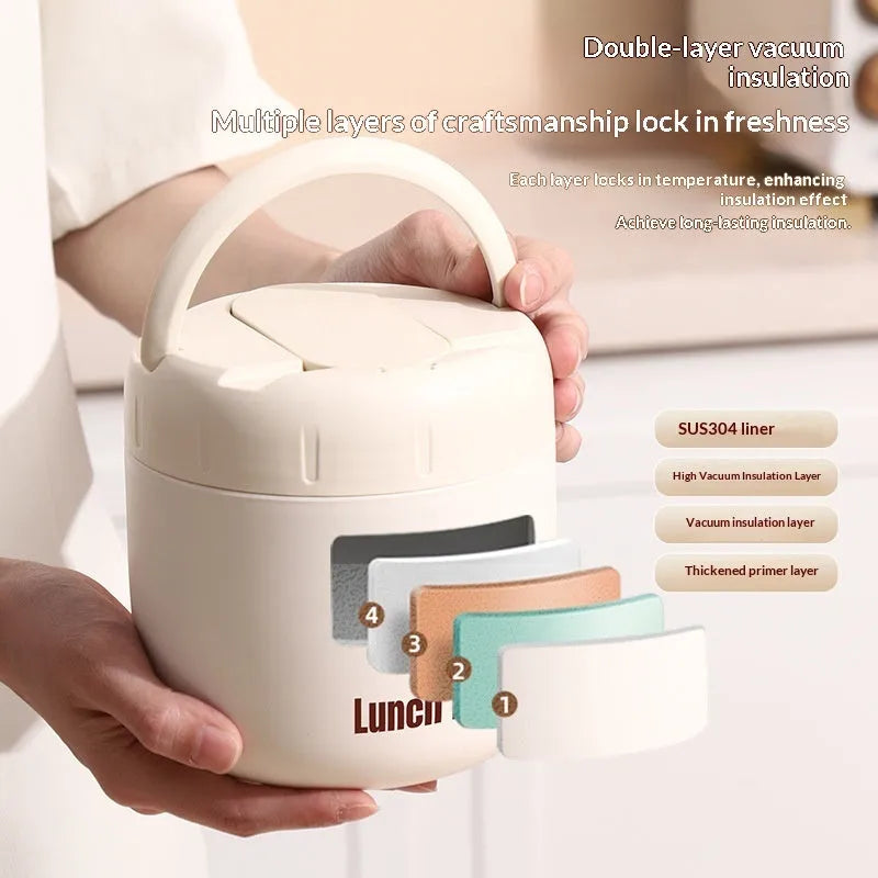 304 Stainless Steel Insulated Lunch Box 1.3L round shape in Beige with lid and insulated bag