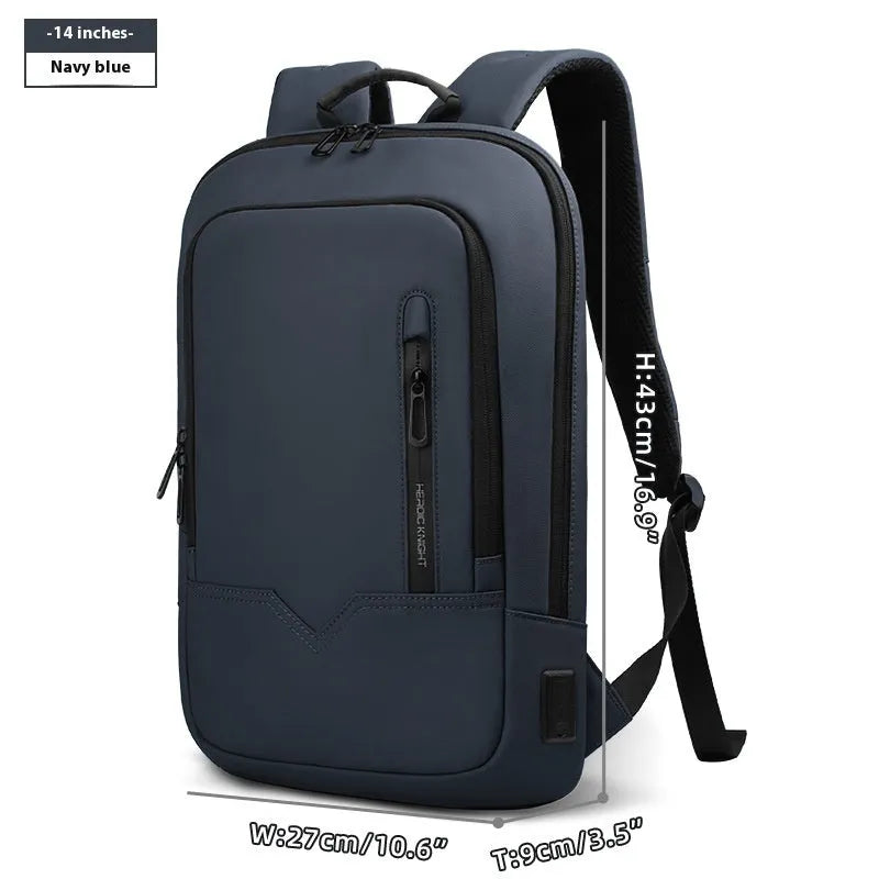Men's lightweight polyester laptop backpack with USB port in black, shown in 14-inch size.
