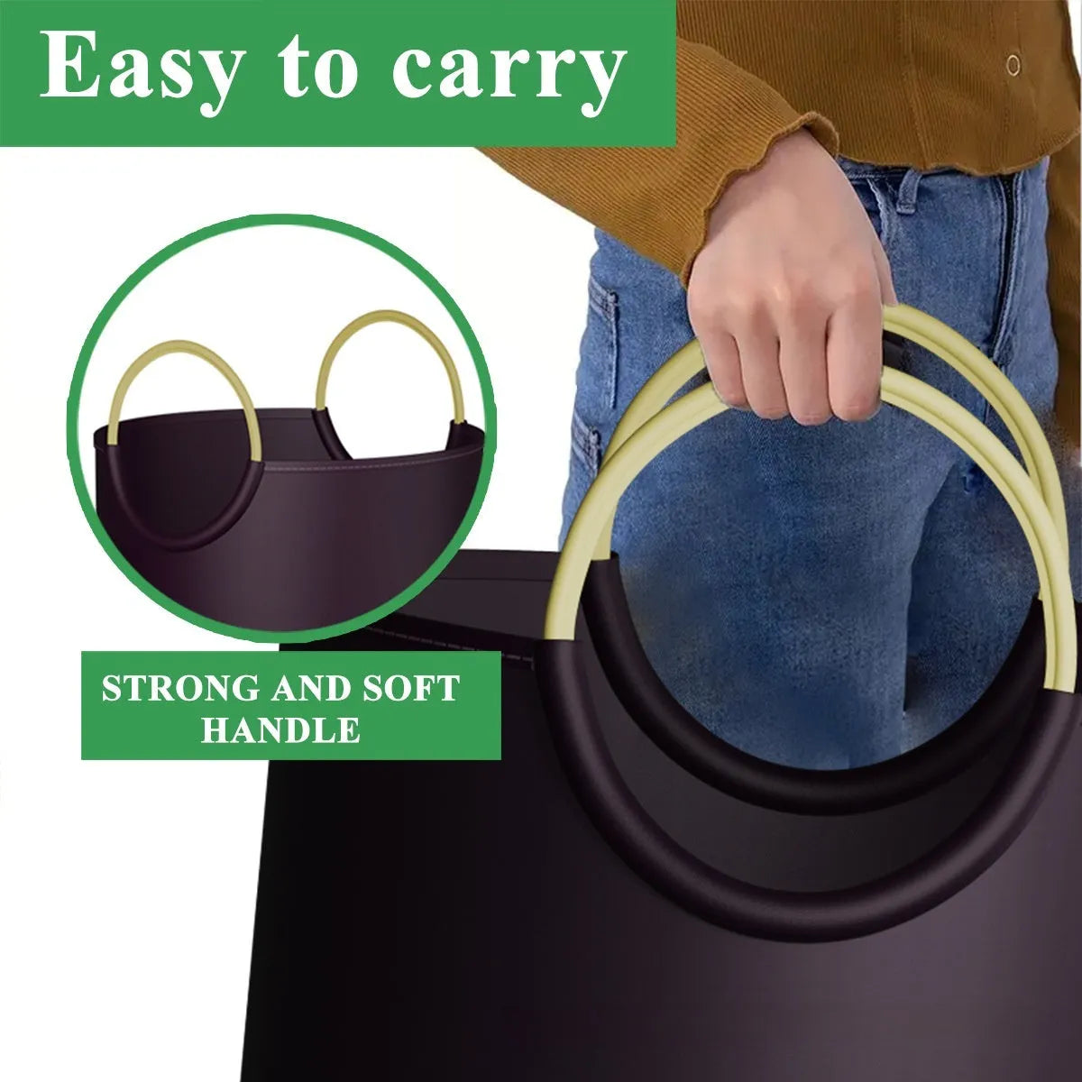 Round portable plastic trash can with a choice of plain or patterned finish, showing dimensions of 38cm wide by 72cm tall.
