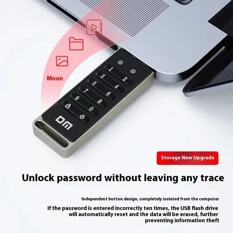 64GB metal USB flash drive with fingerprint scanner and encryption button.