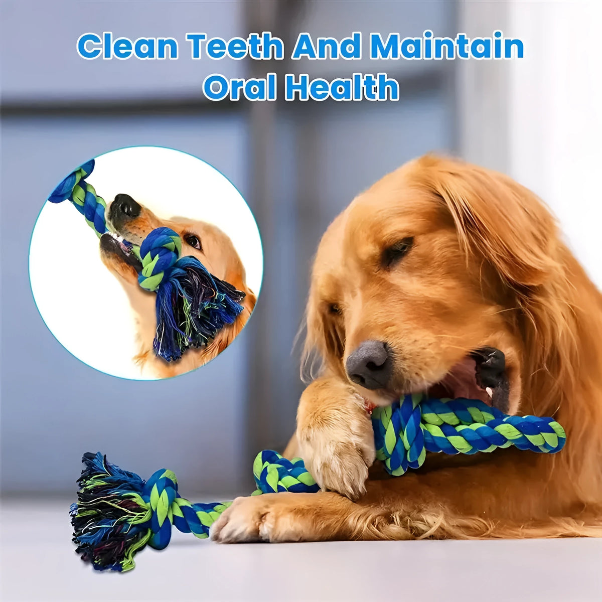 Heavy-duty cotton rope knot dog toy for large breeds, 77cm long, with four or five knots for chewing and tug of war.