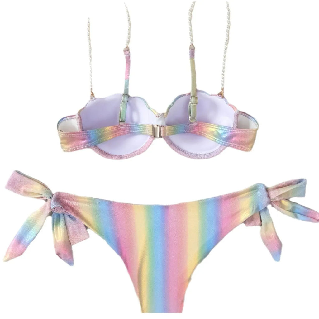 Women's rainbow colour adjustable tied bikini swimsuit on a hanger.