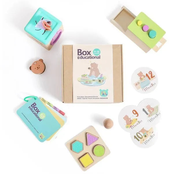 Educational wooden Montessori rattle set with black and white cards and ball chime in colour box packaging