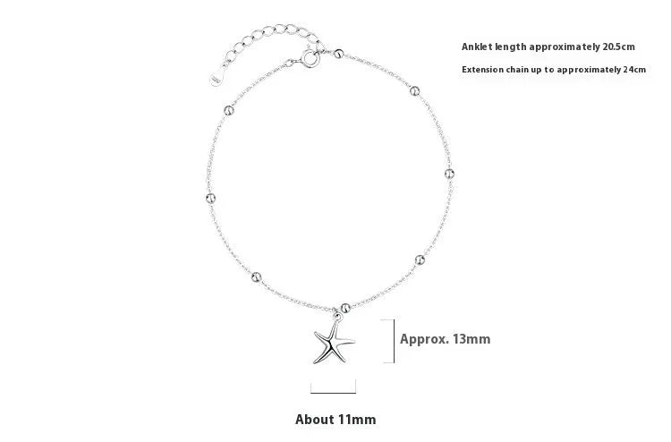 Adjustable sterling silver anklet with round beads and a small starfish charm on an ankle.