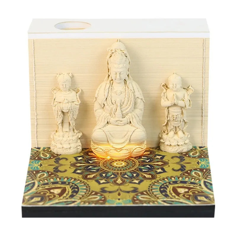 Seated Lotus Guanyin 3D paper carving calendar with Wealth Boy, 2026 English calendar, light version retro style