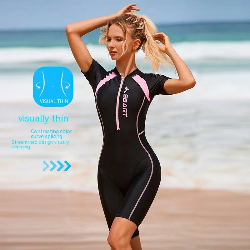 Women's solid colour one-piece surfing swimsuit with chest pad in quick-drying nylon fabric