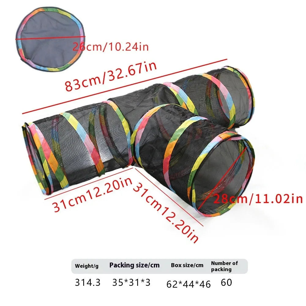 Foldable mesh cat play tunnel in multiple shapes including hexagonal, long straight, tee, tent and square designs