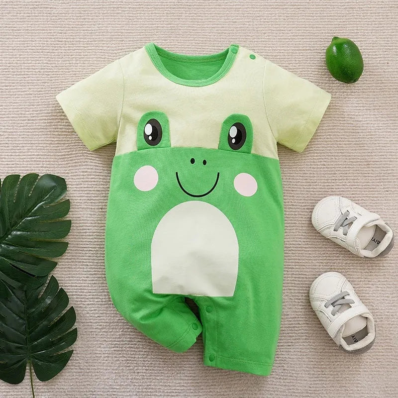 Cotton short sleeve baby romper with cartoon frog print, available in multiple sizes from 0-3 to 9-12 months