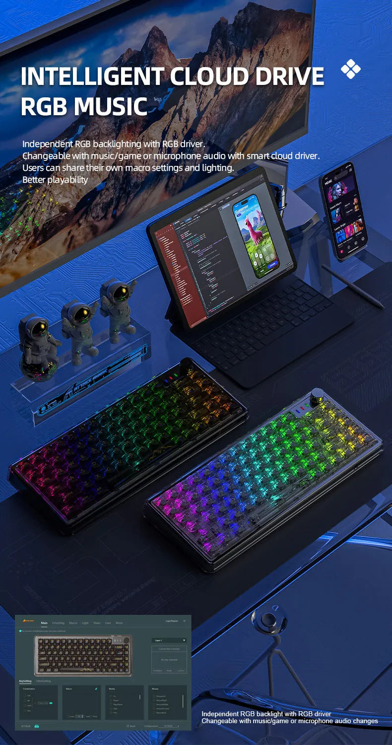 Attack Shark K75 RGB wireless mechanical keyboard with transparent black case showing RGB lighting and compact 75% layout