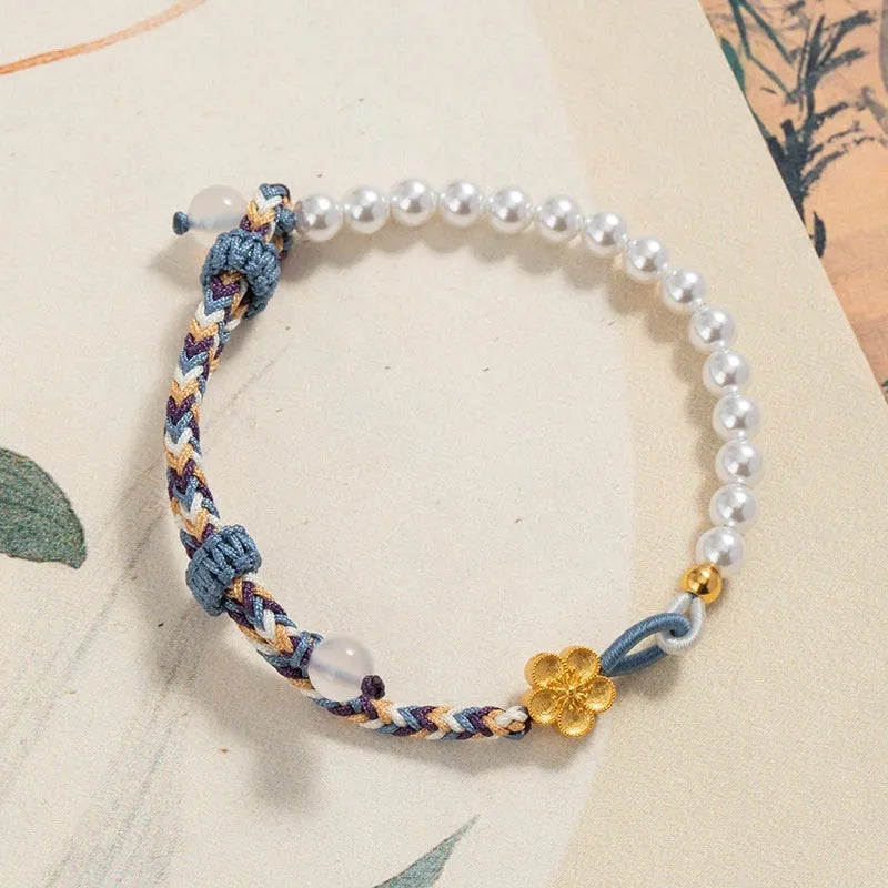 Sterling silver chalcedony carrying strap bracelet with Chinese flower weaving in peach colour