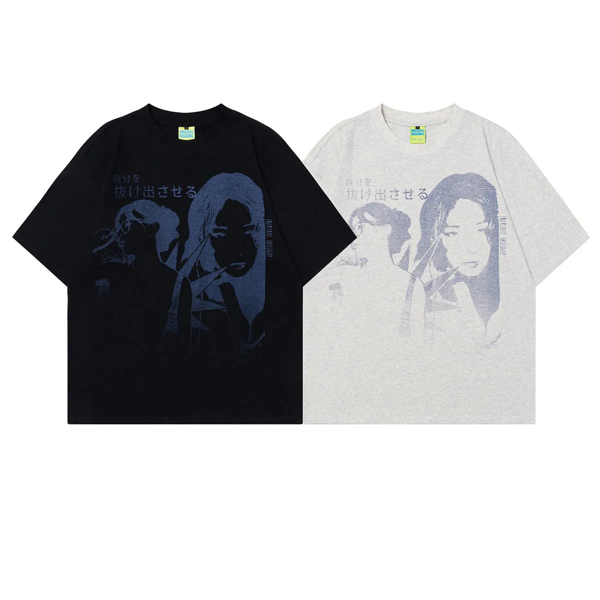 Men's grey loose-fit cotton T-shirt featuring a retro character design print on the front.