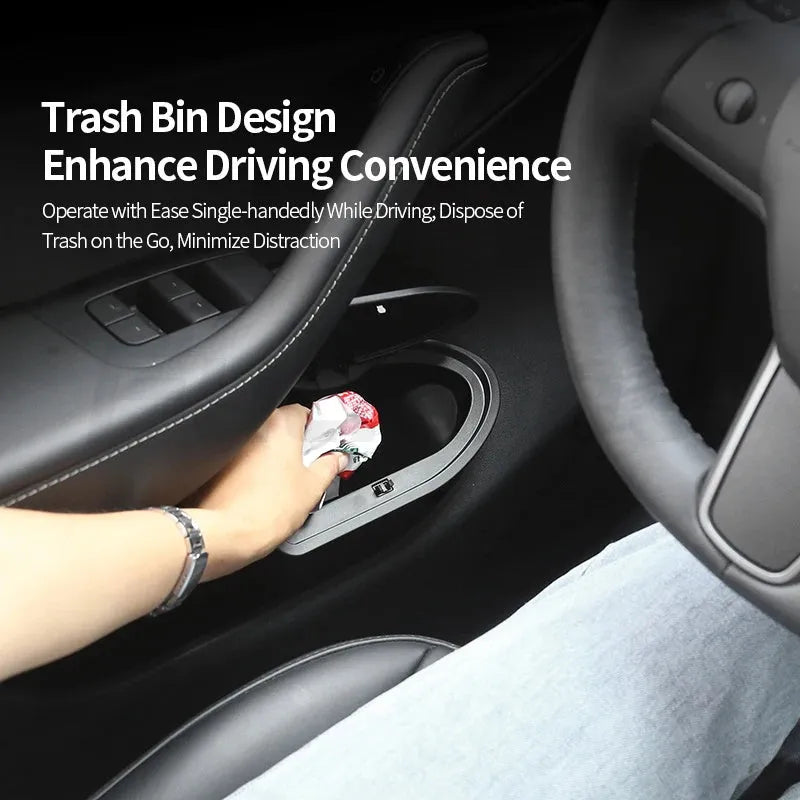 Two black ABS plastic storage boxes designed for Tesla Model Y front door pockets