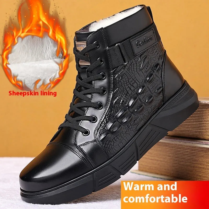 Men's black genuine leather snow boots with fur lining and lace-up front on a rubber sole.