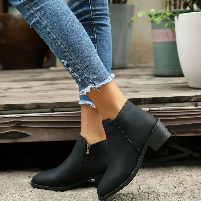 Women's suede ankle boots with side zipper and chunky low heel, in off-white, black, or khaki