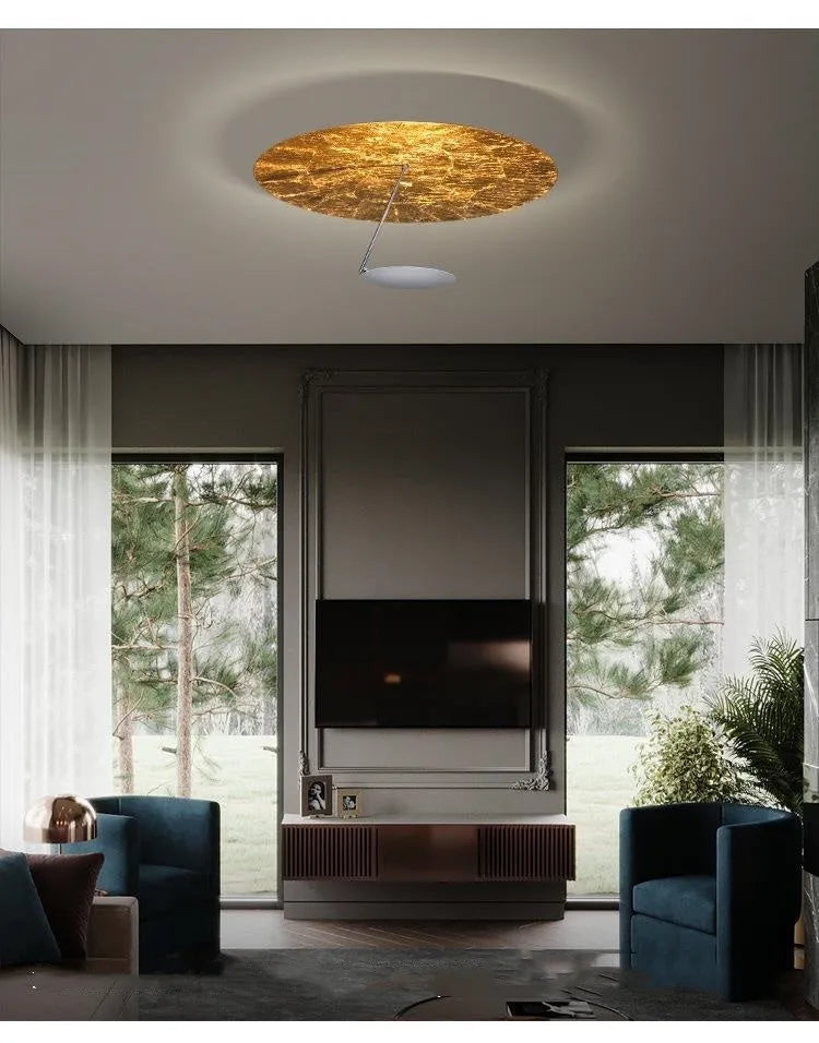 50cm round white iron ceiling lamp with integrated warm LED lights mounted on a white ceiling.