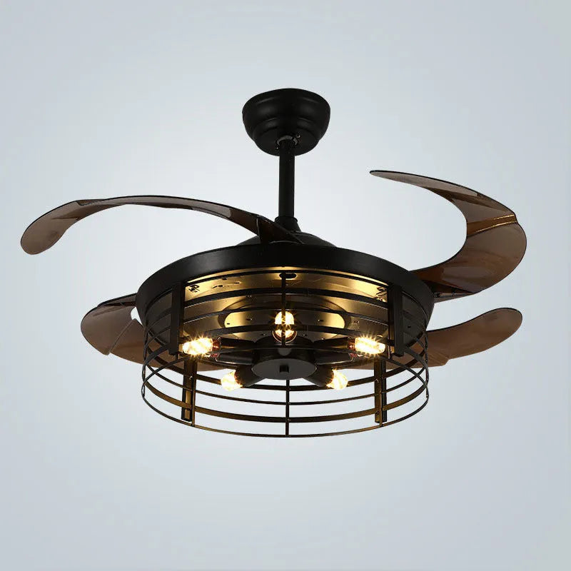 Industrial Wind American retro style ceiling fan lamp with acrylic blades and integrated light shade, remote control on side.