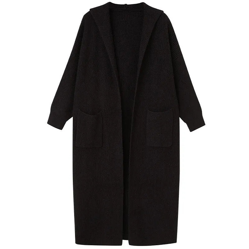 Long grey knitted cardigan with a hood and trench coat style, shown unbuttoned.
