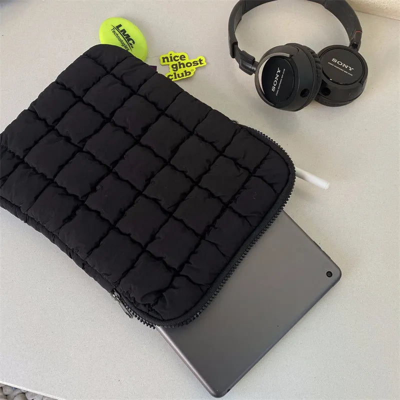 Black and white cloud cotton nylon laptop bag shown in three different size options for 11, 13-14, and 15-15.6 inch laptops.