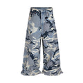 Snow camouflage blue loose fit denim jeans for men and women on a hanger.