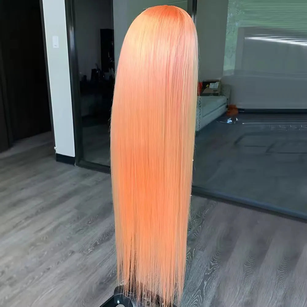 Light orange long straight front lace wig with side bangs on display
