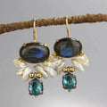 Pair of retro vertical drop earrings with coloured stones, copper geometric design, Style 1 or 2