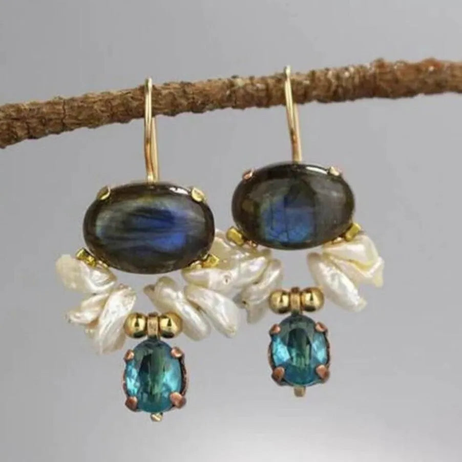 Pair of retro vertical drop earrings with coloured stones, copper geometric design, Style 1 or 2