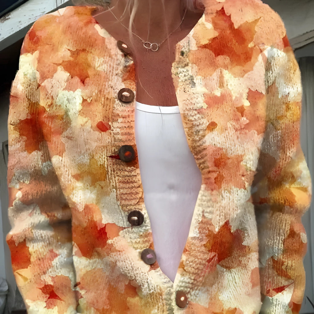 Yellow digital print cardigan coat with a 3D pattern, shown on a hanger