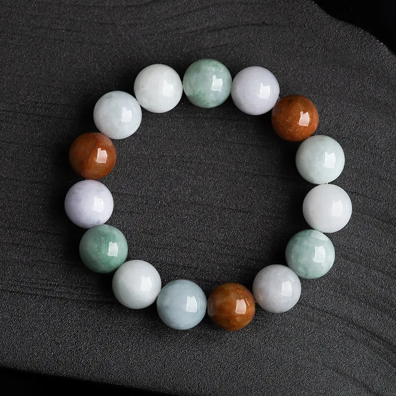 Women's natural Myanmar jade three-colour bracelet with 13mm round beads and certificate