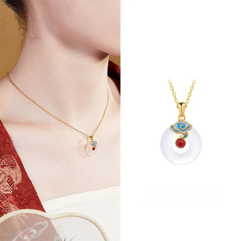 925 silver pendant necklace with cold enamel red agate and white chalcedony stones safety buckle clasp on white background