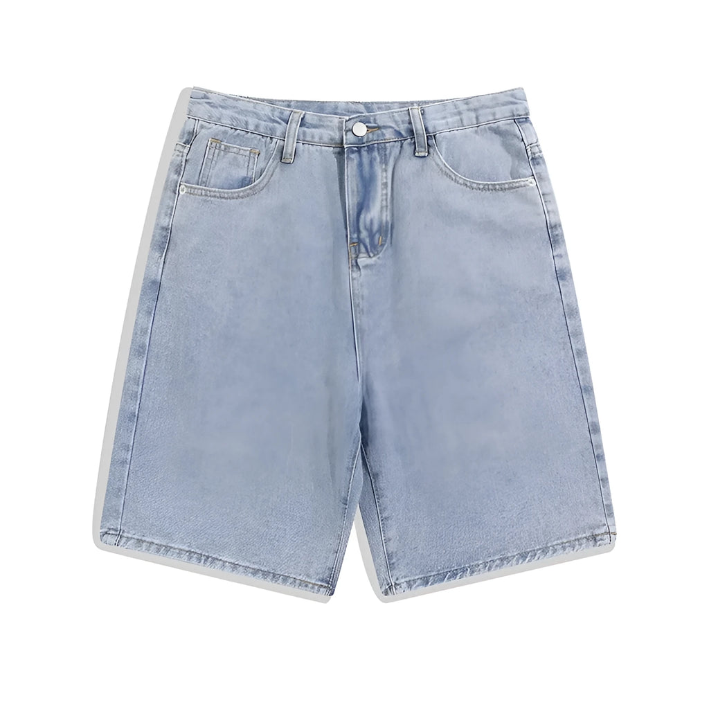 Men's light blue denim casual shorts with straight leg and zip fly on a neutral background.