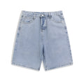 Men's light blue denim casual shorts with straight leg and zip fly on a neutral background.