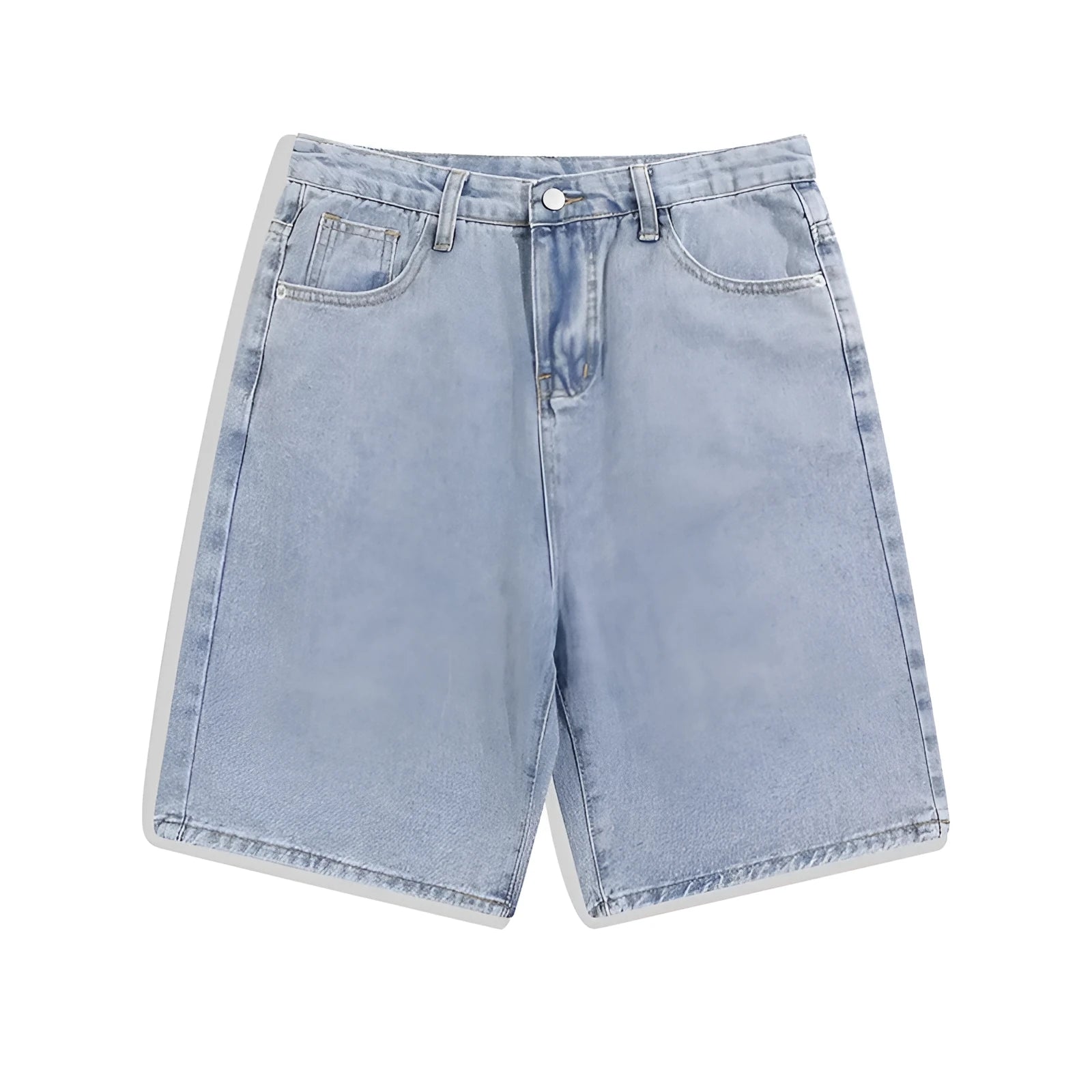 Men's light blue denim casual shorts with straight leg and zip fly on a neutral background.