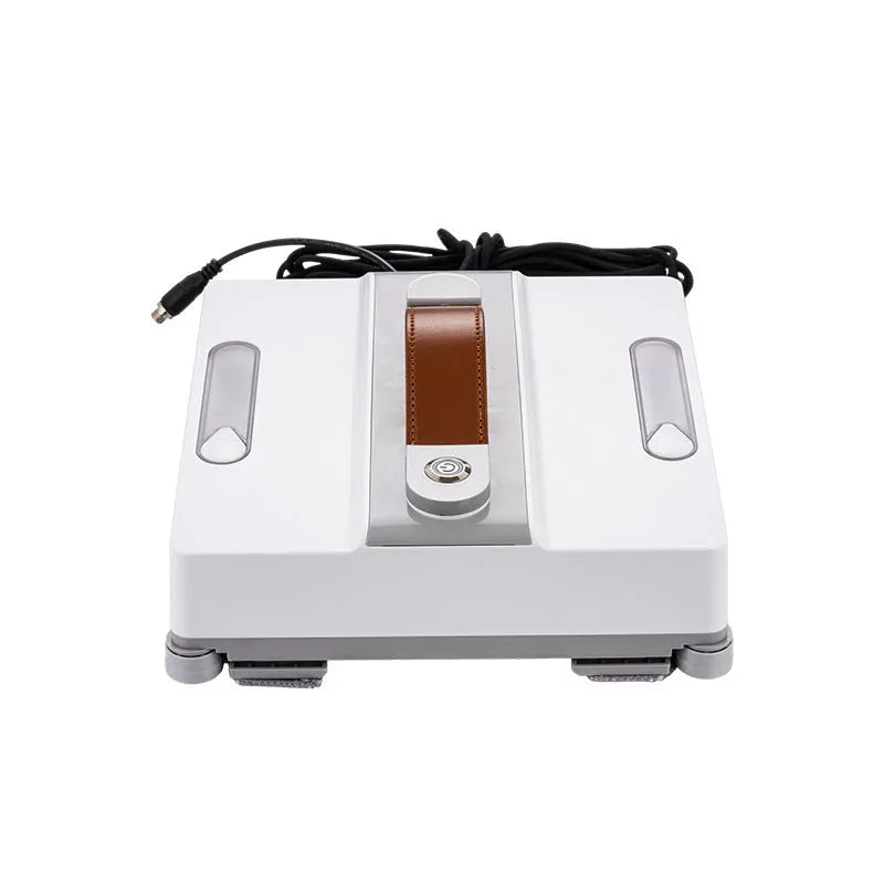 White intelligent window cleaning robot for high-rise buildings with voice and app control options.