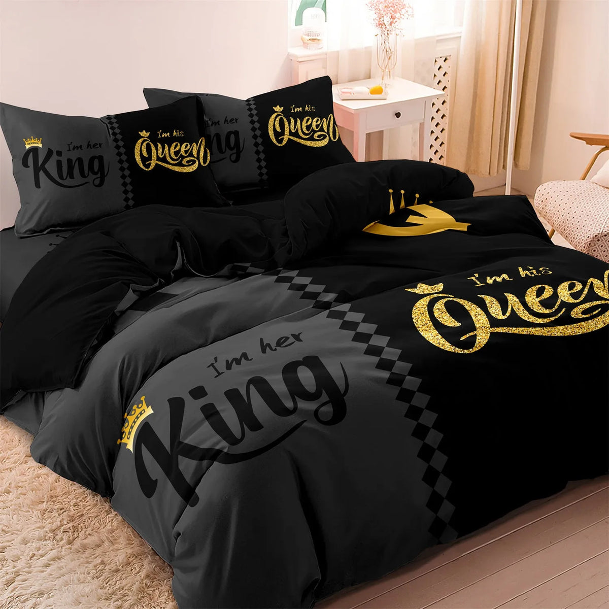 Light grey three piece quilt cover set with crown English digital print, polyester cotton, two pillowcases included