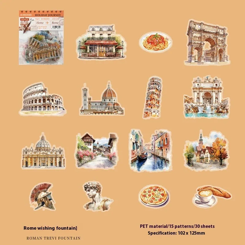 Retro-style Holiday Journey Series journal stickers showing landmarks like Paris Arc de Triomphe and London Big Ben.