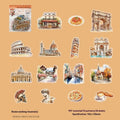Retro-style Holiday Journey Series journal stickers showing landmarks like Paris Arc de Triomphe and London Big Ben.
