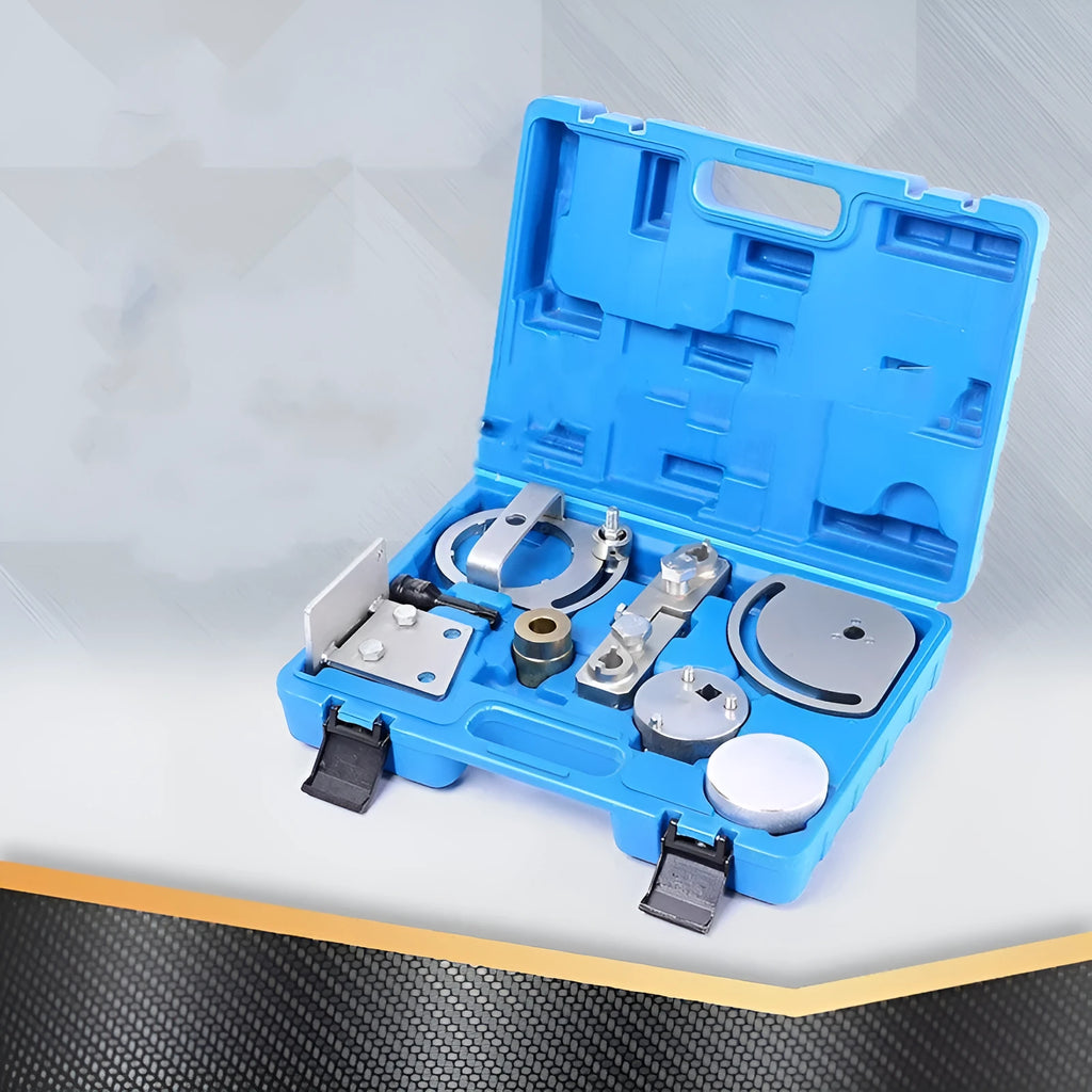 Volvo and Land Rover 3.0 3.2L engine timing tool kit with eight carbon steel pieces for cylinder head alignment.