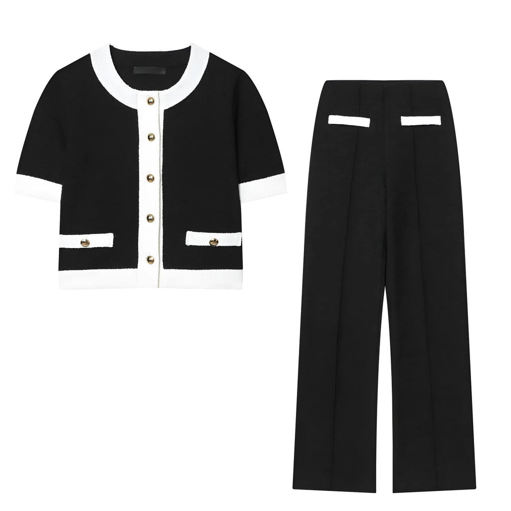 Women's two-piece casual suit with a beaded leather round neck top and high-waisted trousers.